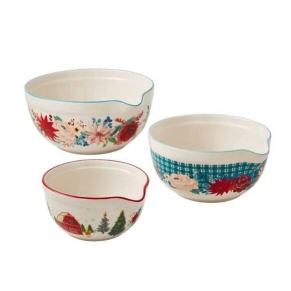 Pioneer Woman Wishful Winter Mixing Bowls With Spout Set New - Picture 4 of 15
